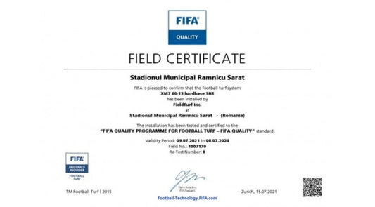 Teren de fotbal oficial, omologat FIFA QUALITY ‑ Stadionul Municipal, Rm. Sarat, jud. Buzau